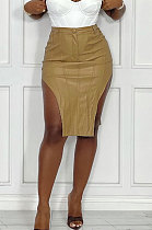 Khaki Fashion Elastic PU Leather Slit Button Zipper Hip Skirts BS1287-2