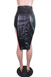 Wine Red Fashion Elastic PU Leather Slit Button Zipper Hip Skirts BS1287-3