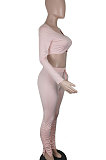Rose Red Casual Pure Color Long Sleeve Dew Waist Pants Sets YY5307-3