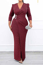 Wine Red Women Fashion Line Sexy Ruffle V Collar Mid Waist Long Dress YY5309-2