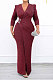 Wine Red Women Fashion Line Sexy Ruffle V Collar Mid Waist Long Dress YY5309-2