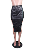 Black Fashion Elastic PU Leather Slit Button Zipper Hip Skirts BS1287-1