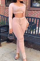 Pink Casual Pure Color Long Sleeve Dew Waist Pants Sets YY5307-1