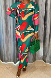 Green Women Printing Mesh Spaghetti Long Sleeve Round Collar Long Dress  RB3203-2