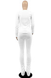White Botton Blend Pure Color Long Sleeve V Neck T-Shirts Pencil Pants Slim Fitting Ruffle Sets DR88124-3