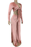 Pink Wholesale Women Velvet Long Sleeve Bandage Strapless Slit Wide Leg Pants Casual Sets DN8634-1