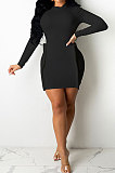 Red Simple Newest Ribber Long Sleeve High Neck Elastic Slim Fitting Hip Dress DR88123-1
