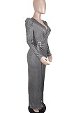Gray Women Fashion Line Sexy Ruffle V Collar Mid Waist Long Dress YY5309-1
