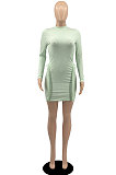 Green Simple Newest Ribber Long Sleeve High Neck Elastic Slim Fitting Hip Dress DR88123-5