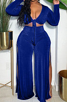 Royal Blue Wholesale Women Velvet Long Sleeve Bandage Strapless Slit Wide Leg Pants Casual Sets DN8634-3