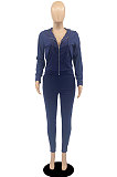 Navy Blue Casual Newest Long Sleeve Zip Front Hoodie Pencil Pants Sport Sets DR88126-2