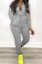 Gray Women Pure Color Pocket Zipper Casual Jumpsuit RB3208-2