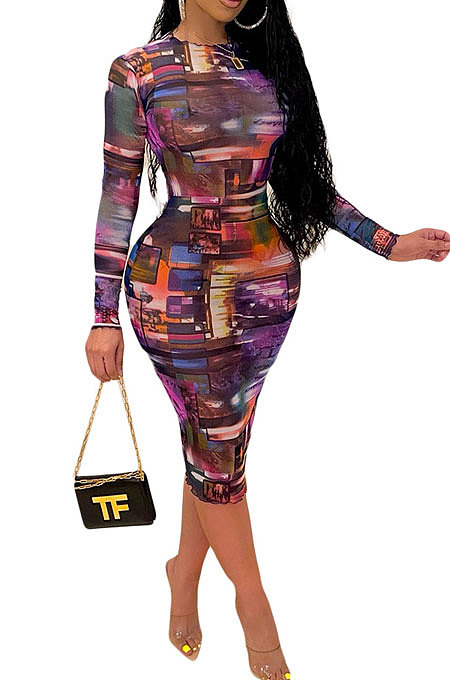 Purple Women Printing Sexy Perspectivity Round Collar Mid Waist Midi Dress YY5303-2