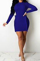 Blue Simple Newest Ribber Long Sleeve High Neck Elastic Slim Fitting Hip Dress DR88123-1
