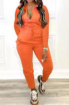 Orange Women Pure Color Pocket Zipper Casual Jumpsuit RB3208-6