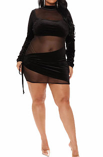 Newest Fat Women Mesh Velvet Spliced See-Through Long Sleeve High Neck Hip Dress LQ6696