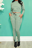 Green Fashion Simple Long Sleeve Round Neck Jumper Zipper Slit Pencil Pants Sets DR88127-1