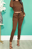 Brown Fashion Simple Long Sleeve Round Neck Jumper Zipper Slit Pencil Pants Sets DR88127-2