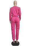 Rose Red Casual Pure Color Long Sleeve Round Neck Jumper Sweat Pants Loose Sets LML267-3