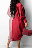 Red Autumn Winter Loose Spliced Long Sleeve Lapel Neck Single-Breated Jean Shirt Dress ZS0422-1