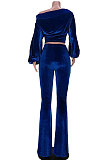 Black Women Solid Color Pullover Velvet A Word Shoulder Lantern Sleeve Pocket Flare Leg Pants Sets GL6517-3
