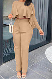 Black Women Irregular Tops Flounce Zipper Pocket Pure Color Straight Leg Pants Two-Pieces GL6509-4