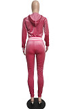 Wine Red Wholesale Women Velvet Webbint Spliced Long Sleeve Hoodie Bodycon Pants Casual Sport Sets LML271-4
