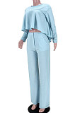 Sky Blue Women Irregular Tops Flounce Zipper Pocket Pure Color Straight Leg Pants Two-Pieces GL6509-1