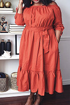 Orange  Fashion A Wrod Shoulder Long Sleeve Collect Waist Swing Solid Color With Beltband  Dress LS6468 