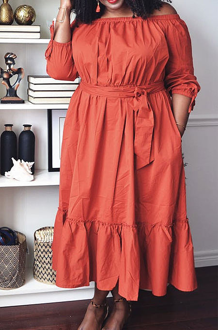 Orange  Fashion A Wrod Shoulder Long Sleeve Collect Waist Swing Solid Color With Beltband  Dress LS6468 