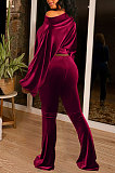 Wine Red Women Solid Color Pullover Velvet A Word Shoulder Lantern Sleeve Pocket Flare Leg Pants Sets GL6517-5