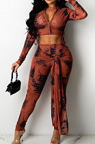 Brown Red Fashion Print Long Sleeve Stand Neck Drawsting Zip Tops Bandage Bodycon Pants Casual Sets YG10823