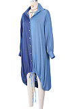 Blue Autumn Winter Loose Spliced Long Sleeve Lapel Neck Single-Breated Jean Shirt Dress ZS0422-3