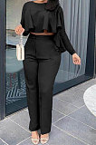 Khaki Women Irregular Tops Flounce Zipper Pocket Pure Color Straight Leg Pants Two-Pieces GL6509-5
