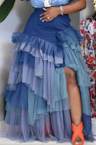 Blue Women Fashion Multilayer Mesh Spaghetti Irregular Sexy Spliced Plus Skirts CCY1664-2