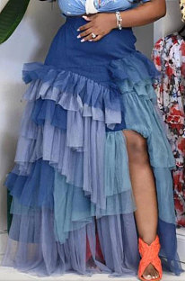 Blue Women Fashion Multilayer Mesh Spaghetti Irregular Sexy Spliced Plus Skirts CCY1664-2