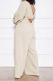 Beige Women Cotton Blend Ruffle Condole Belt Bandage Pure Color Wide Leg Pants Two-Pieces GL6511-7