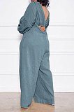 Blue Gray Women Cotton Blend Ruffle Condole Belt Bandage Pure Color Wide Leg Pants Two-Pieces GL6511-6
