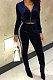 Drak Blue Casual Modest Velvet Side Strip Spliced Long Sleeve Zip Front Hoodie Bodycon Pants Sport Sets LS6475-2