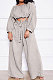 Gray Women Cotton Blend Ruffle Condole Belt Bandage Pure Color Wide Leg Pants Two-Pieces GL6511-1