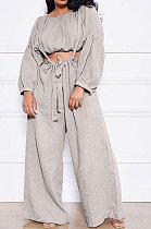 Gray Women Cotton Blend Ruffle Condole Belt Bandage Pure Color Wide Leg Pants Two-Pieces GL6511-1