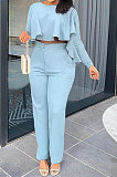 Orange Women Irregular Tops Flounce Zipper Pocket Pure Color Straight Leg Pants Two-Pieces GL6509-2