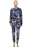 Navy Blue Personality Print Long Sleeve Loose Hoodie Bodycon Pants Modest Sets ZDD31166