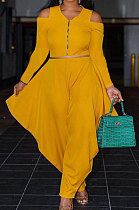 Yellow Modest Newest Off Shoulder Long Sleeve Zip Tops Irregularity Wide Leg Pants Solid Color Two-Piece YG10822-2