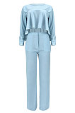 Sky Blue Women Irregular Tops Flounce Zipper Pocket Pure Color Straight Leg Pants Two-Pieces GL6509-1