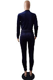 Drak Blue Casual Modest Velvet Side Strip Spliced Long Sleeve Zip Front Hoodie Bodycon Pants Sport Sets LS6475-2