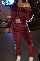 Wine Red Casual Modest Velvet Side Strip Spliced Long Sleeve Zip Front Hoodie Bodycon Pants Sport Sets LS6475-1