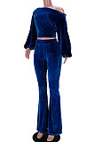 Blue Women Solid Color Pullover Velvet A Word Shoulder Lantern Sleeve Pocket Flare Leg Pants Sets GL6517-1