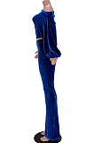 Purple Women Solid Color Pullover Velvet A Word Shoulder Lantern Sleeve Pocket Flare Leg Pants Sets GL6517-2
