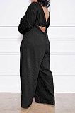 Black Women Cotton Blend Ruffle Condole Belt Bandage Pure Color Wide Leg Pants Two-Pieces GL6511-3
